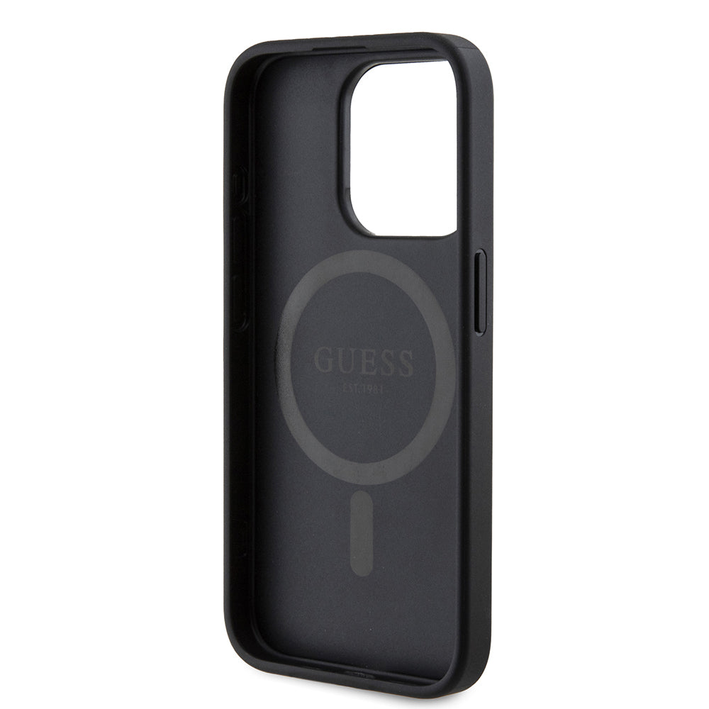 Guess iPhone 15 Pro Orjinal Lisanslı M-safe Şarj Özellikli PU Üçgen Logo 4G Desenli Kılıf Guess iPhone 15 Pro Orjinal Lisanslı M-safe Şarj Özellikli PU Üçgen Logo 4G Desenli Kılıf